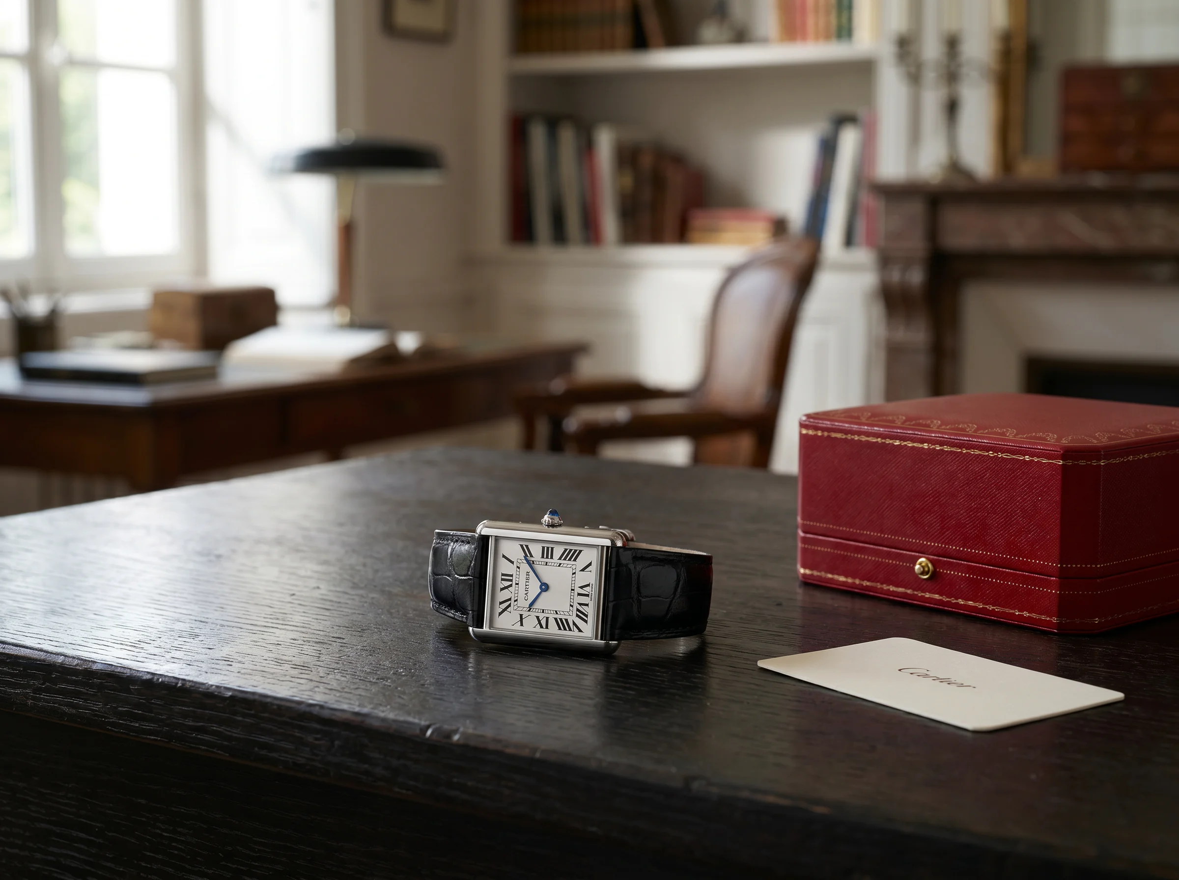 Cartier Tank Must WSTA0041 on a dark wood desk beside a closed red leather watch box and a card