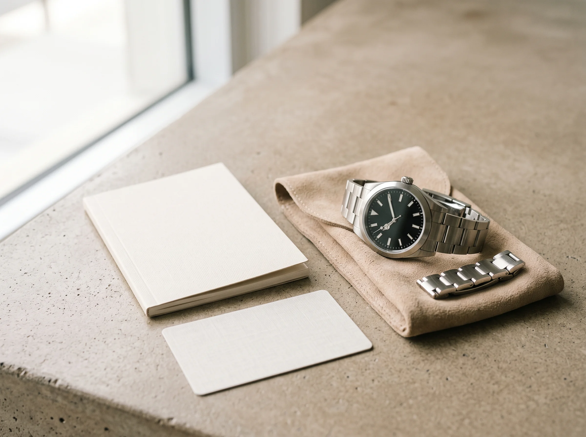 A stainless steel luxury watch resting on a pouch beside a booklet and a card, the deliverables of a certified sale