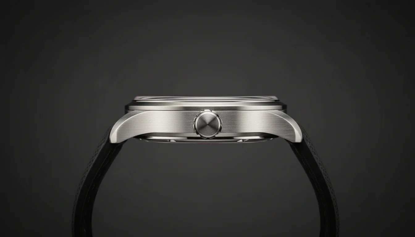 Case profile of the Atomic Heart Twins titanium case showing the crown
