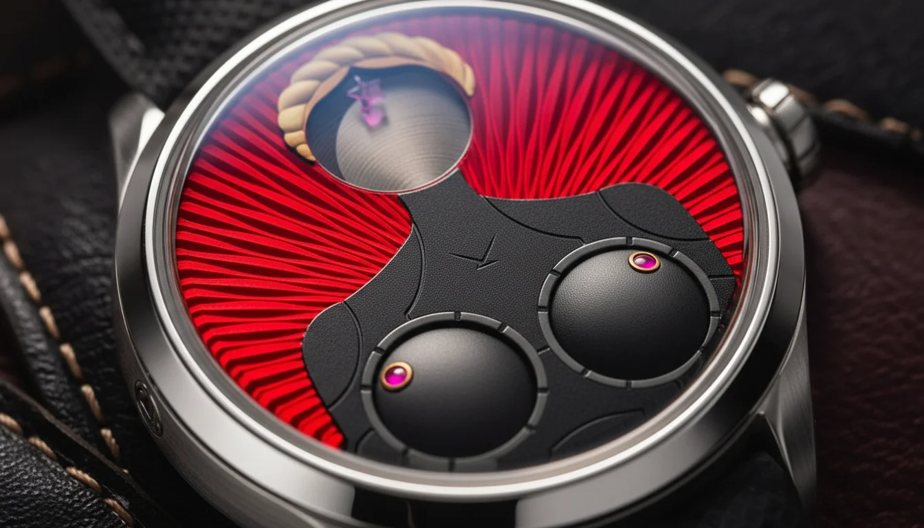 Macro of the Atomic Heart Twins Wristmon rotating disc dial with ruby pointers and moonphase