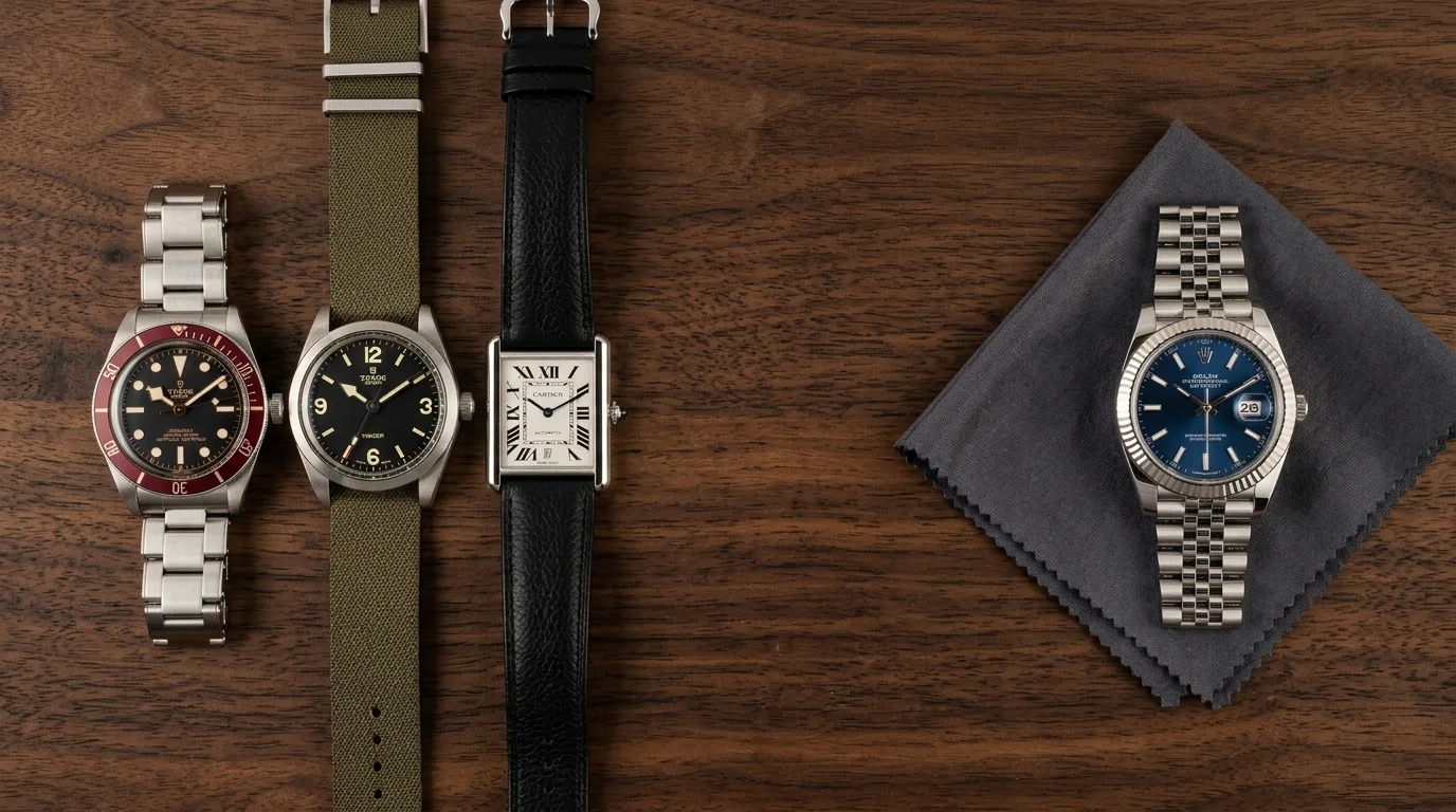 A small rotation of three watches next to a single Rolex Datejust, representing the choice between multiple cheaper watches and one expensive watch