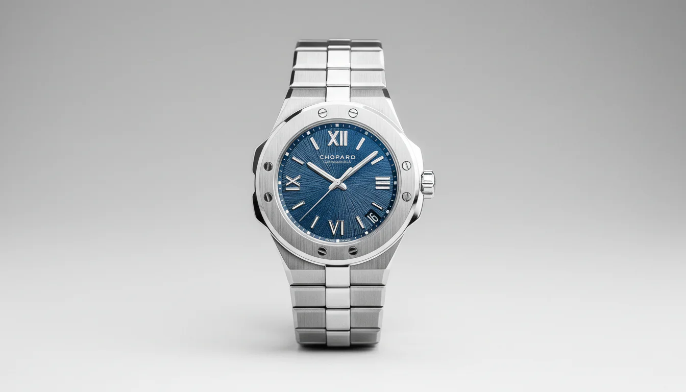 Chopard Alpine Eagle steel sports watch with blue textured dial and integrated bracelet