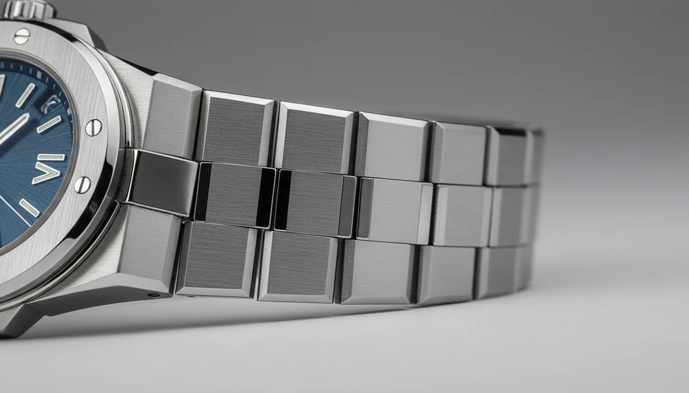 Macro of a satin brushed steel integrated watch bracelet link construction