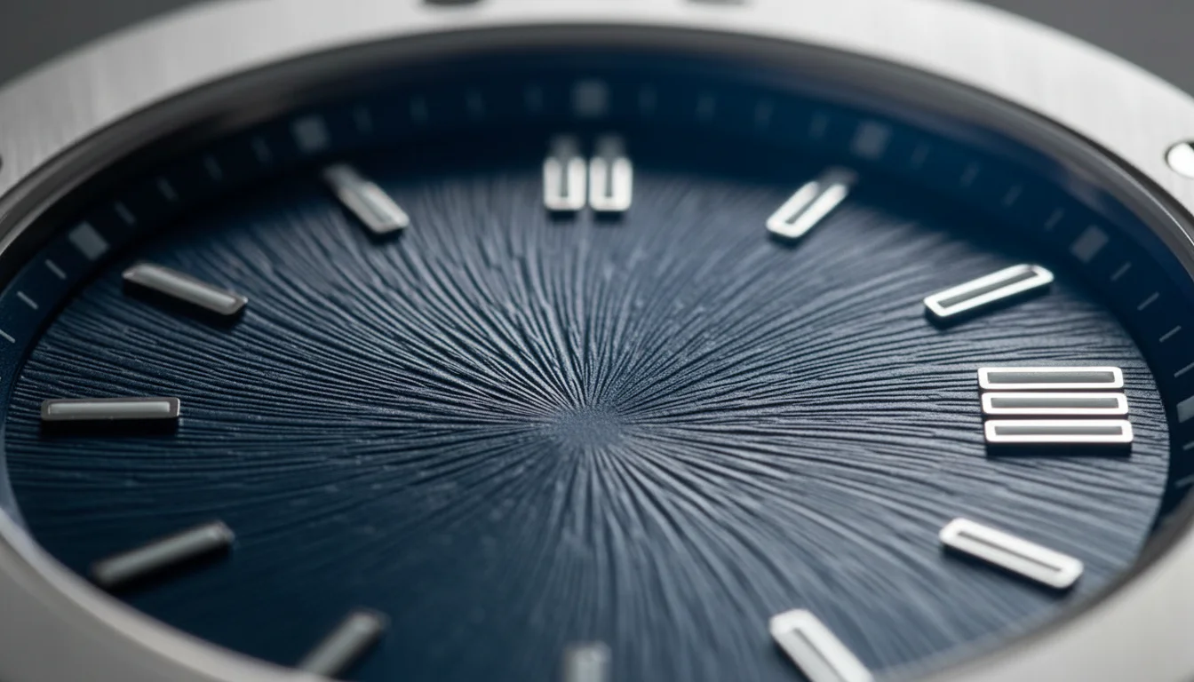 Macro of a blue watch dial with a distinctive circular stamped iris pattern