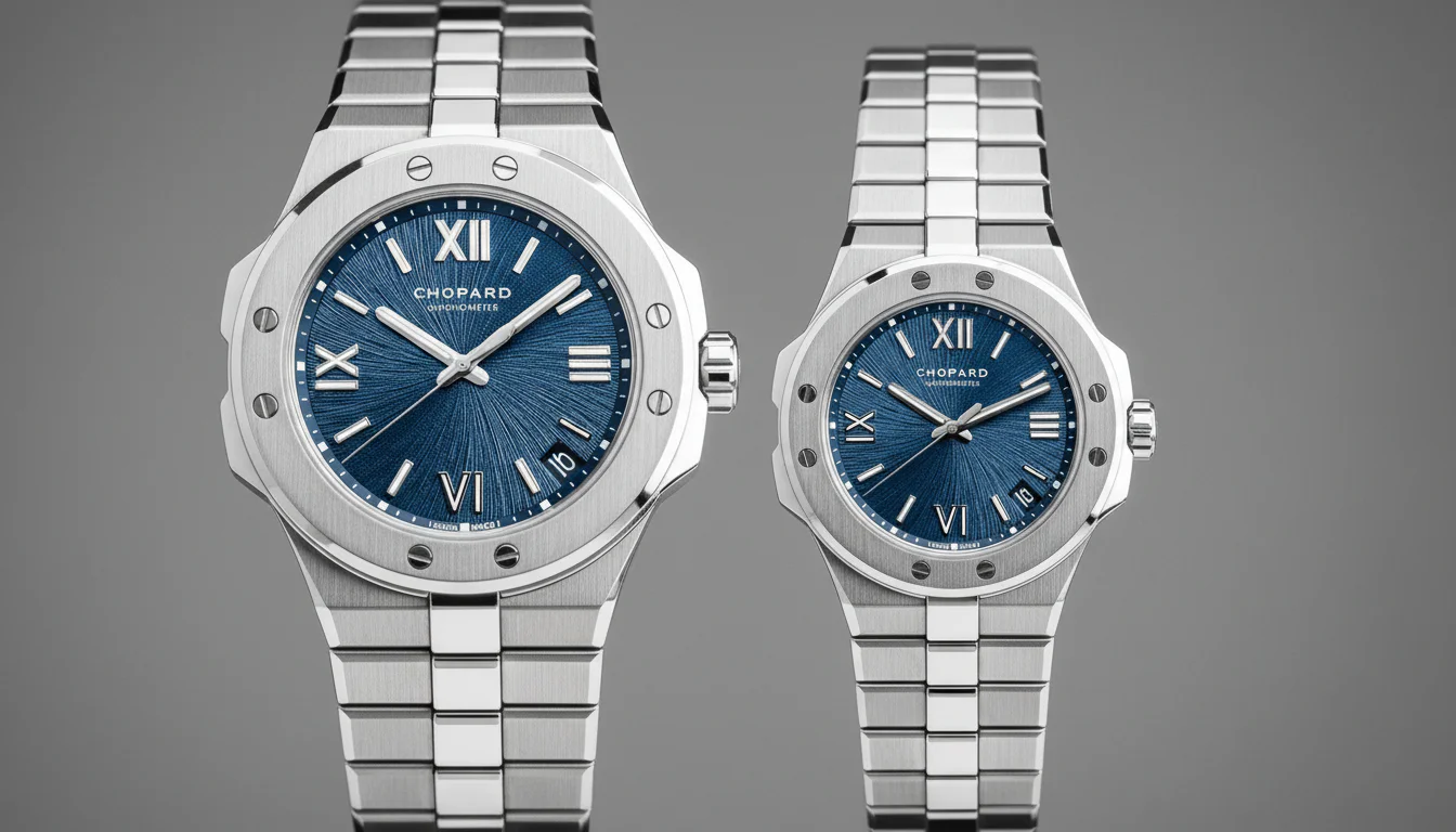 Two Chopard Alpine Eagle steel watches of different case sizes shown side by side