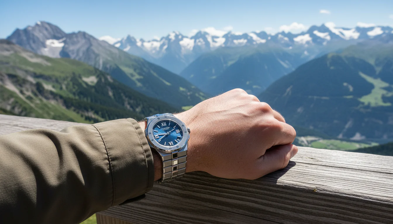 Wrist wearing a Chopard Alpine Eagle steel watch resting on an alpine mountain railing