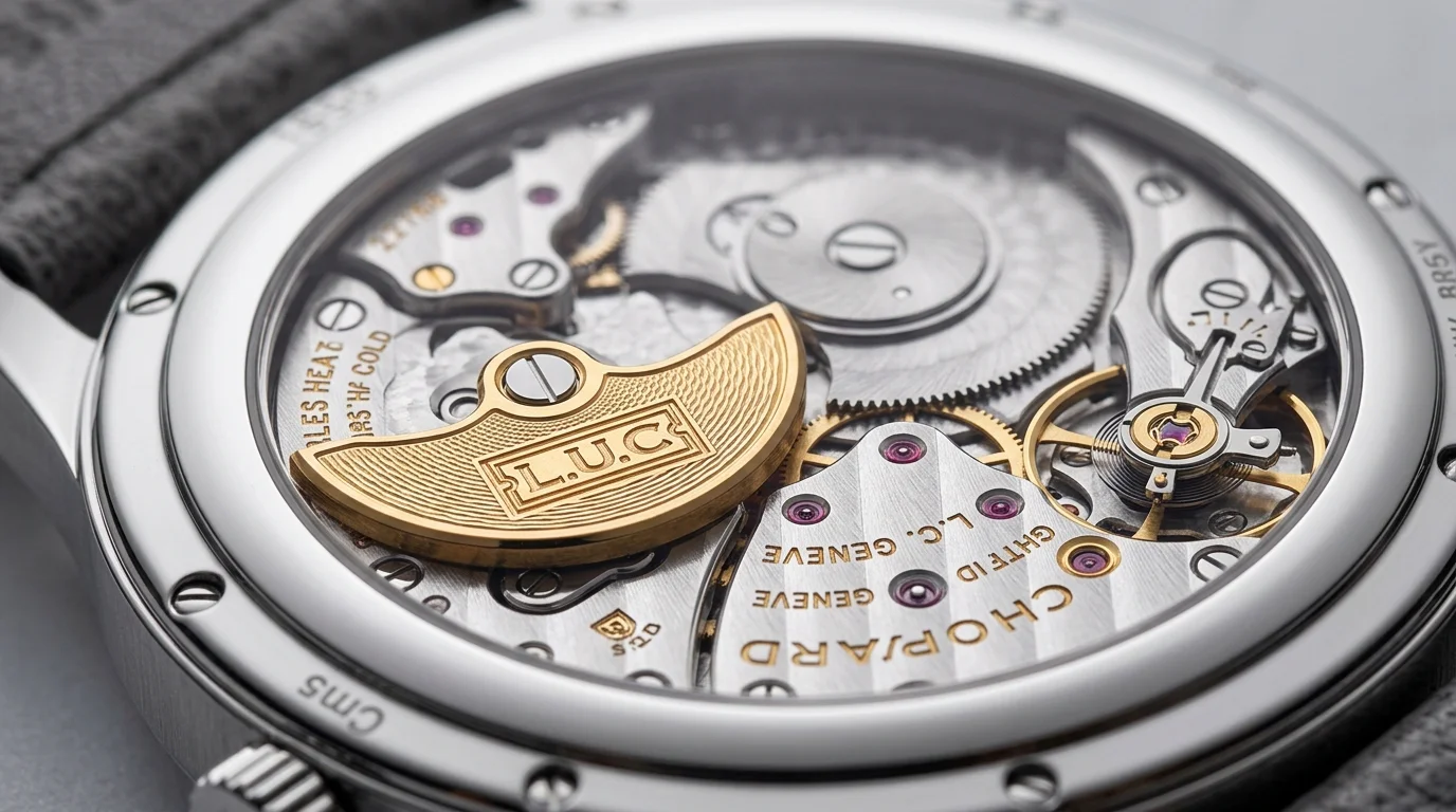 Macro close-up of the exhibition caseback and micro-rotor movement of the Chopard L.U.C 1860