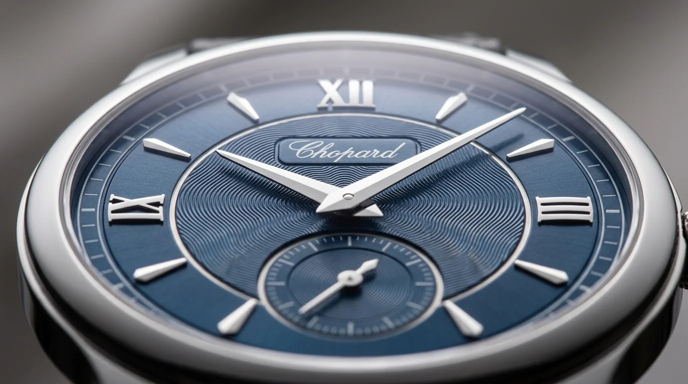 Macro close-up of the guilloche dial and hands of the Chopard L.U.C 1860
