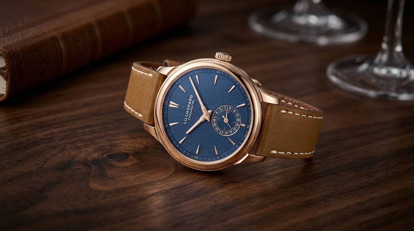 Chopard L.U.C Quattro Mark IV on a dark walnut wood surface