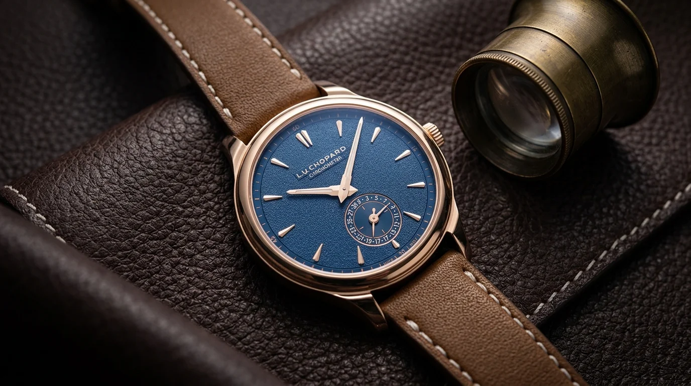 Chopard L.U.C Quattro Mark IV laid on dark leather next to a loupe