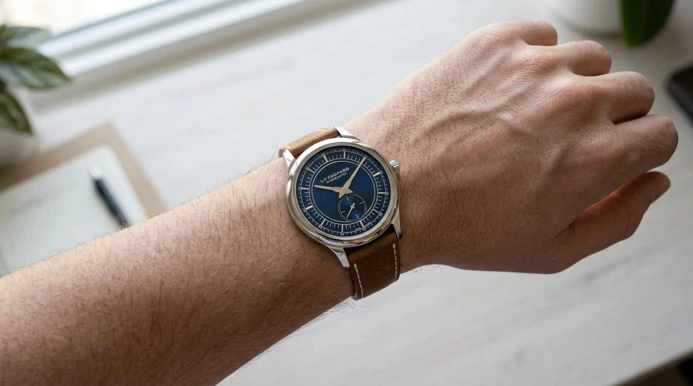 Chopard L.U.C XPS Prussian Blue worn on the wrist resting on a desk