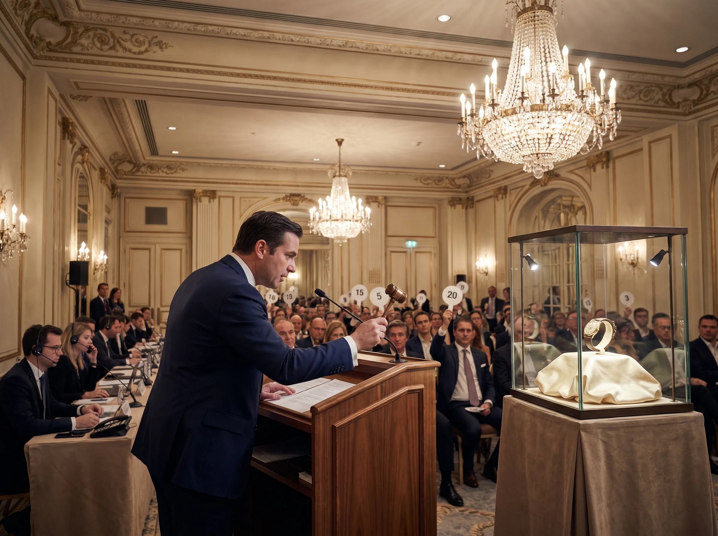 Christie's Geneva Rare Watches auction in progress at the Four Seasons Hotel des Bergues