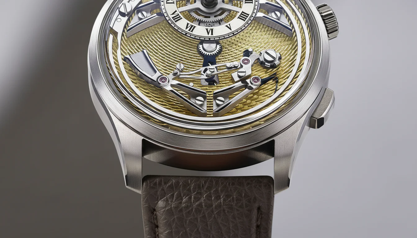 Christopher Ward C1 Bel Canto Classic dial macro showing the skeletonized chiming hammer and gong mechanism