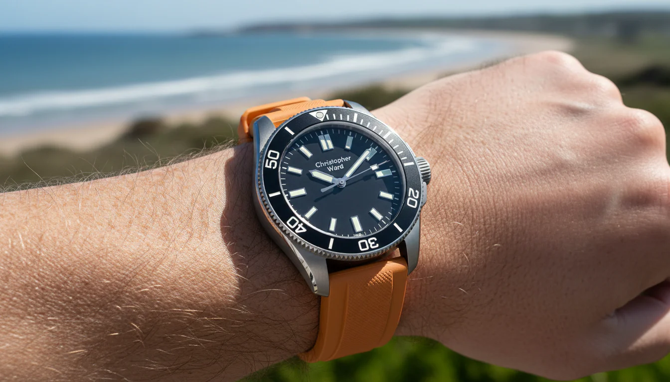 Christopher Ward C60 Trident Lumiere dive watch on the wrist with orange strap and titanium case