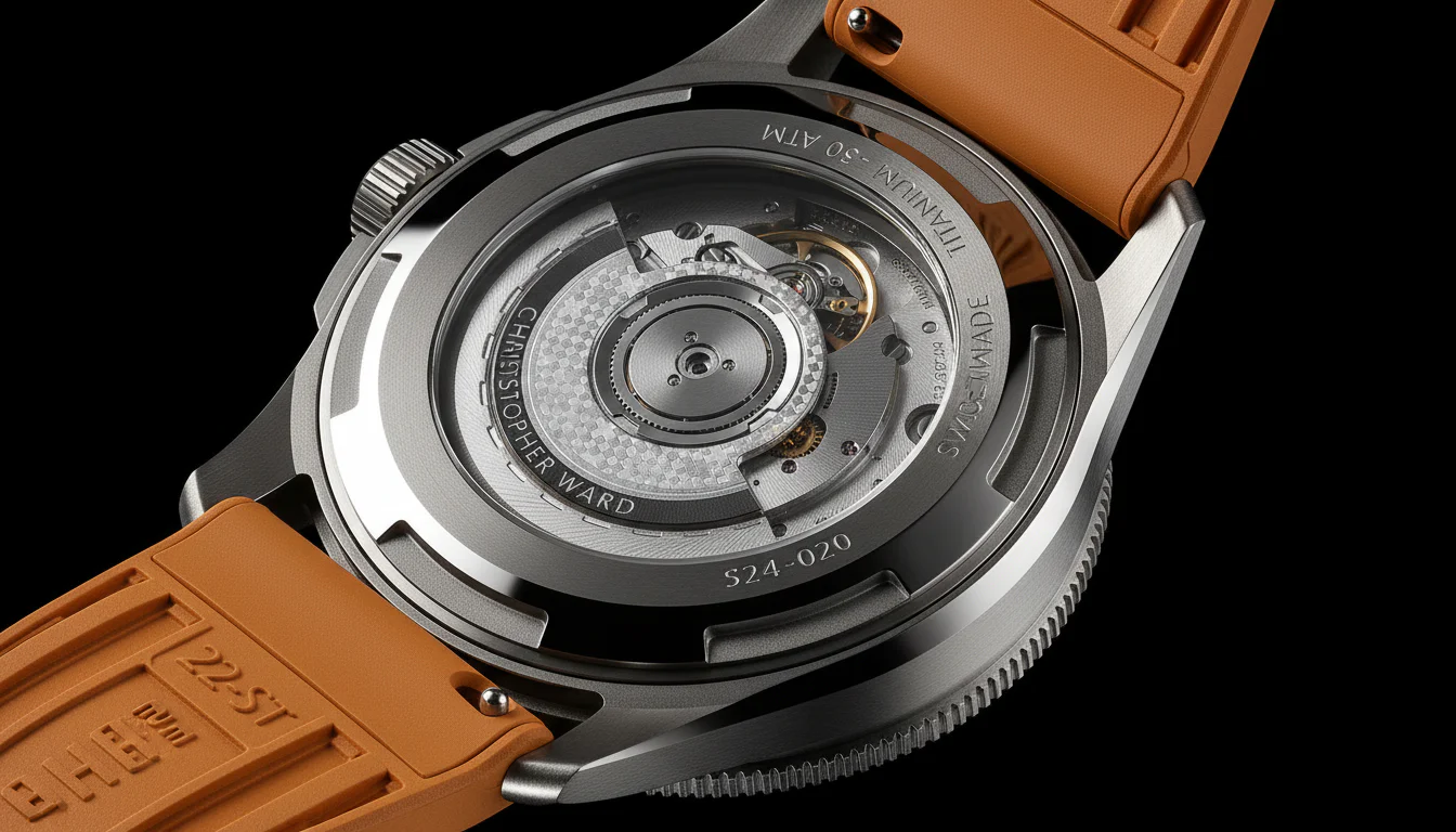 Christopher Ward watch caseback engraved with the brand name around a display window showing the automatic movement
