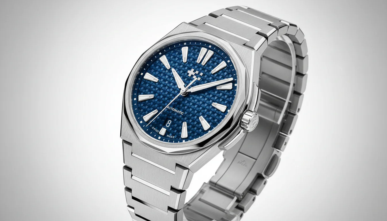 Christopher Ward The Twelve integrated bracelet watch with blue Clous de Paris textured dial