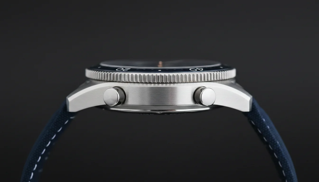 Macro side profile of a chronograph watch case showing the two pushers used to start, stop, and reset the flyback function