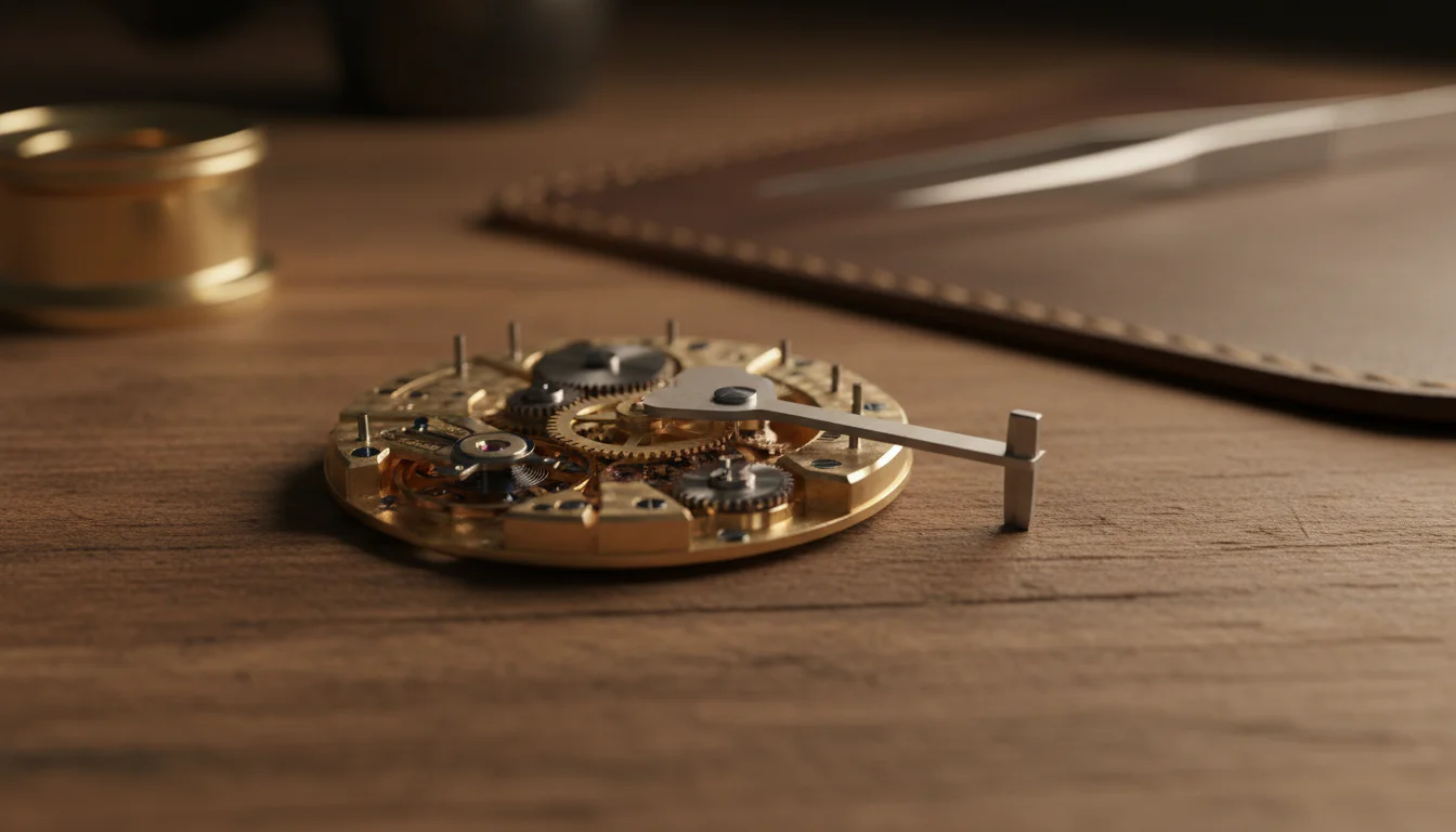Open mechanical chronograph movement on a watchmaker's bench showing the heart-shaped cam and reset lever