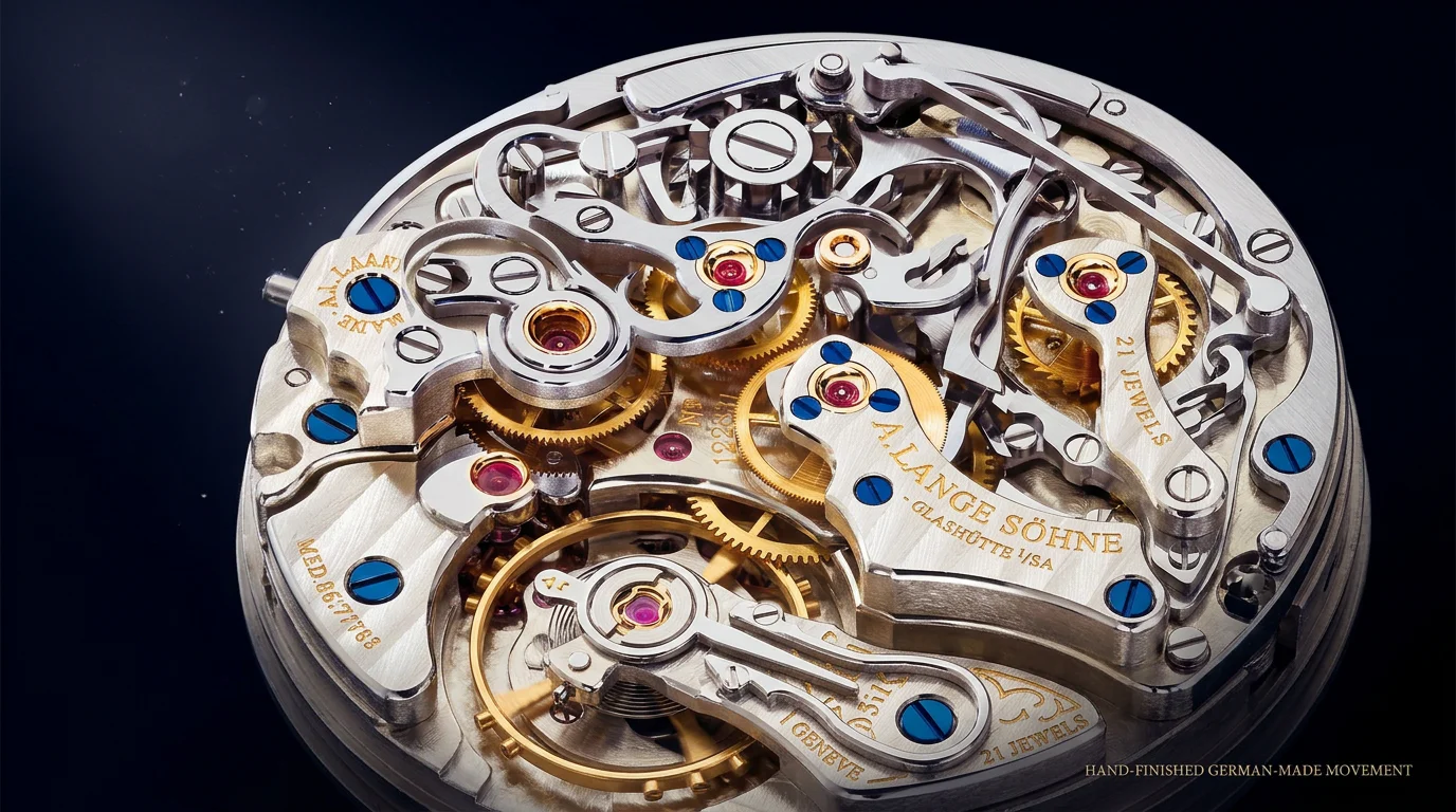Macro of a hand-finished chronograph column wheel mechanism coordinating start, stop, and reset functions