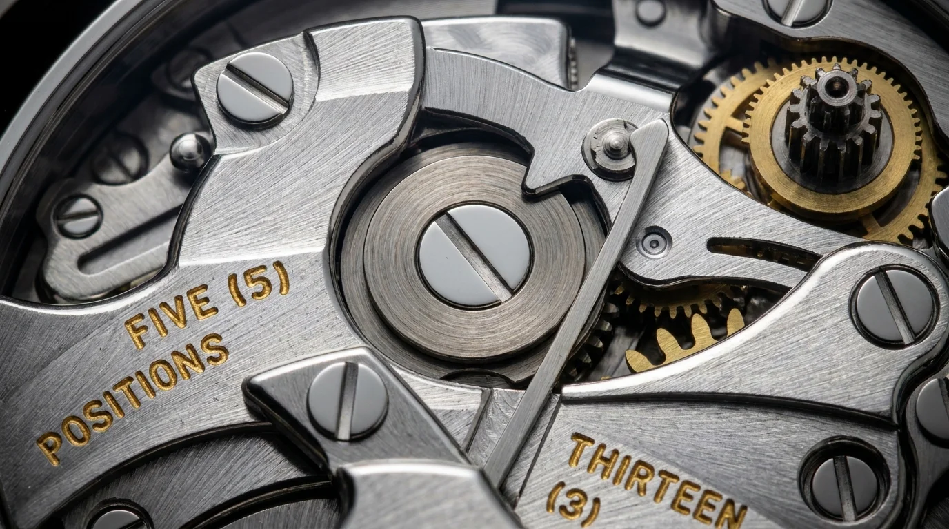 Macro of a chronograph vertical clutch mechanism showing the coaxial friction discs and surrounding gear train