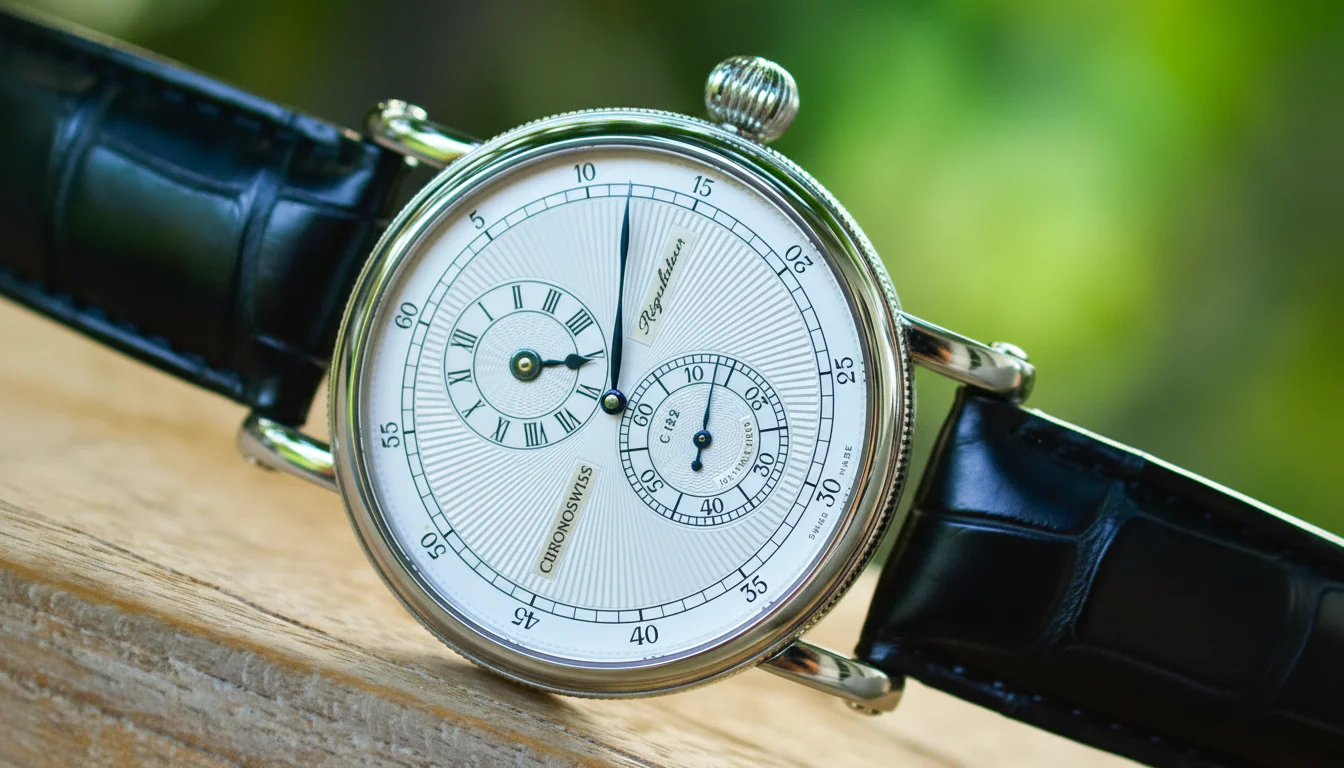 Chronoswiss Flying Regulator Manufacture watch with floating minute dial and guilloche pattern, angled view