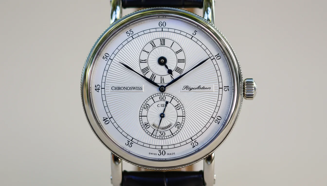 Chronoswiss Régulateur watch with separated hour, minute, and second dials, front view