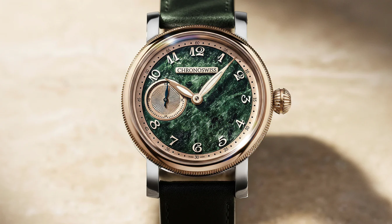 Chronoswiss Small Second watch with green serpentine stone dial, front view