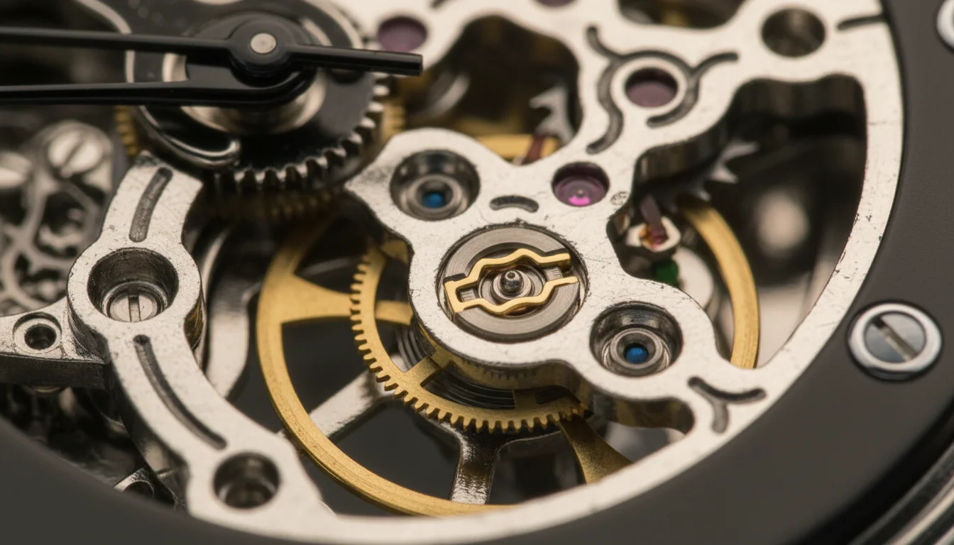 Omega watch movement with co-axial escapement visible, macro view of escape wheel and pallet