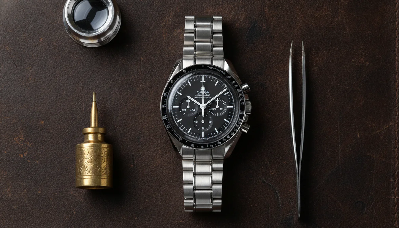 Watchmaker's bench with loupe, oiler, and a co-axial movement being serviced, flat lay