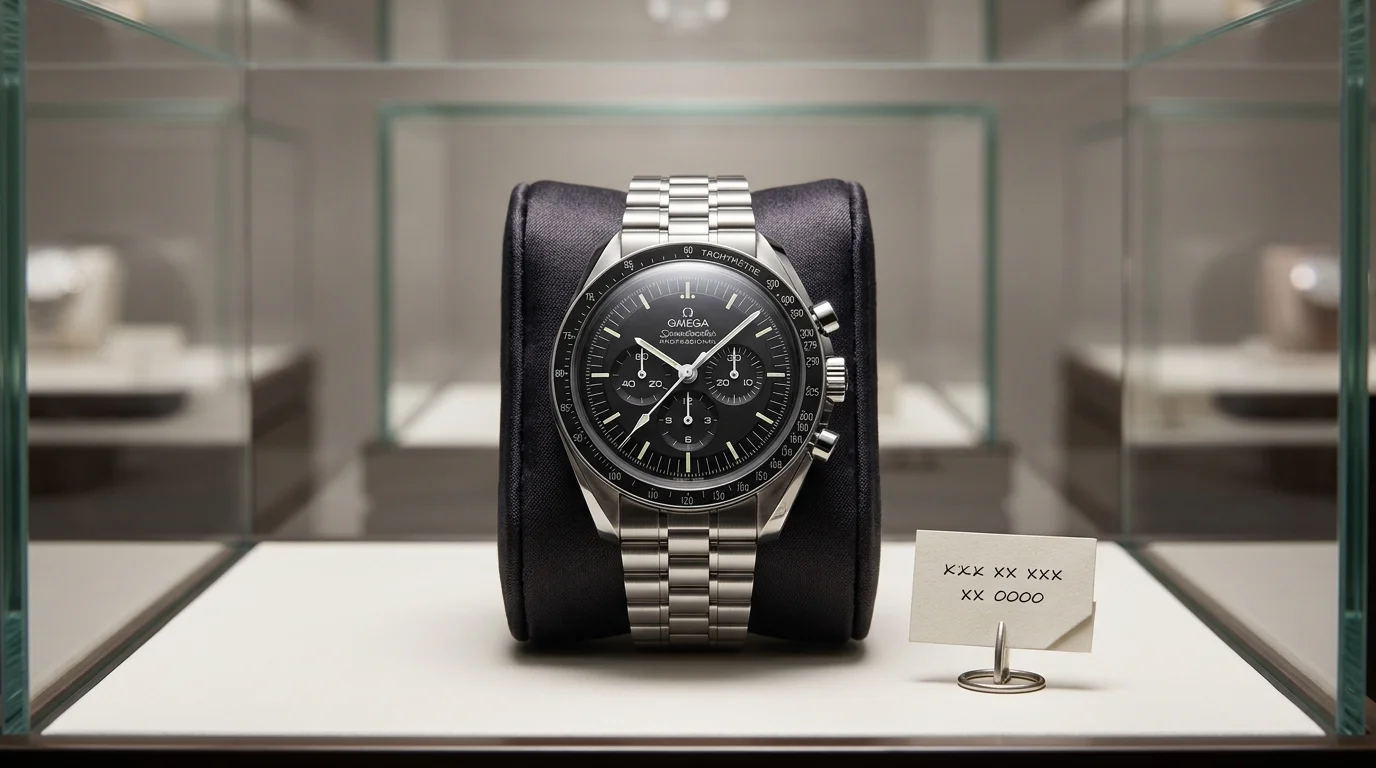 An Omega Speedmaster Professional displayed in a glass case with a price tag, representing a consignment sale