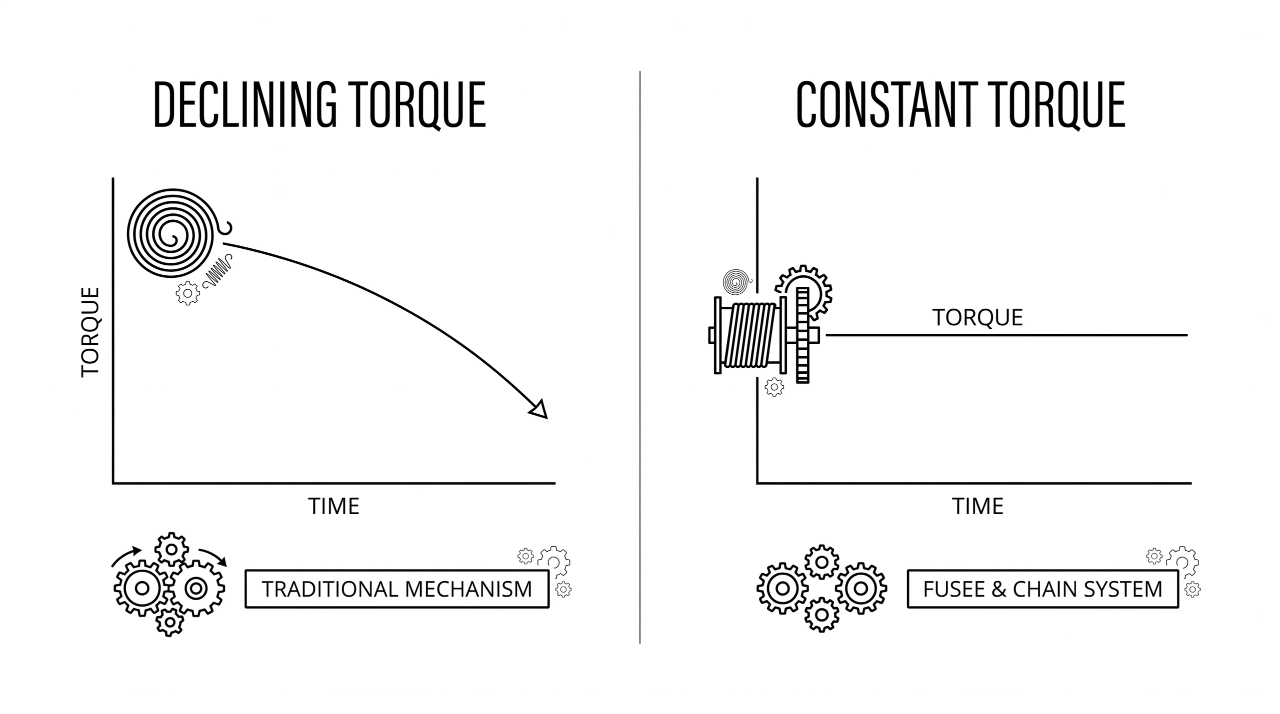 Diagram comparing declining mainspring torque to the constant torque delivered by a fusee and chain system