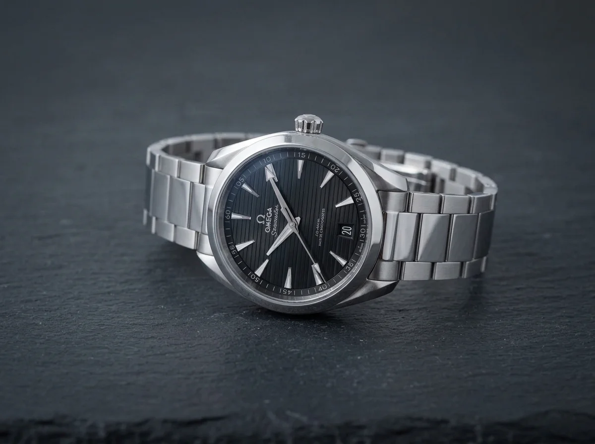 Omega Seamaster Aqua Terra with a black teak dial, a METAS Master Chronometer, on dark slate