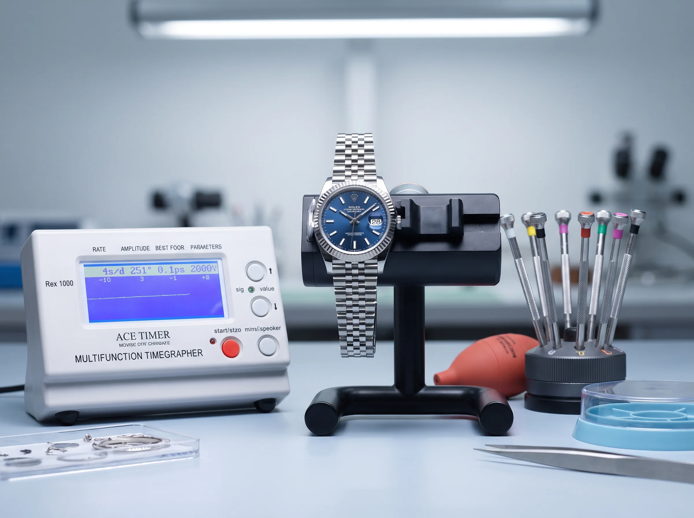 A Rolex Datejust held vertically on a Swiss timing machine for a positional accuracy test on a watchmaker's bench