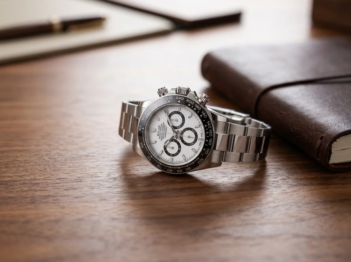 Rolex Cosmograph Daytona with a white panda dial on a walnut desk, a Superlative Chronometer