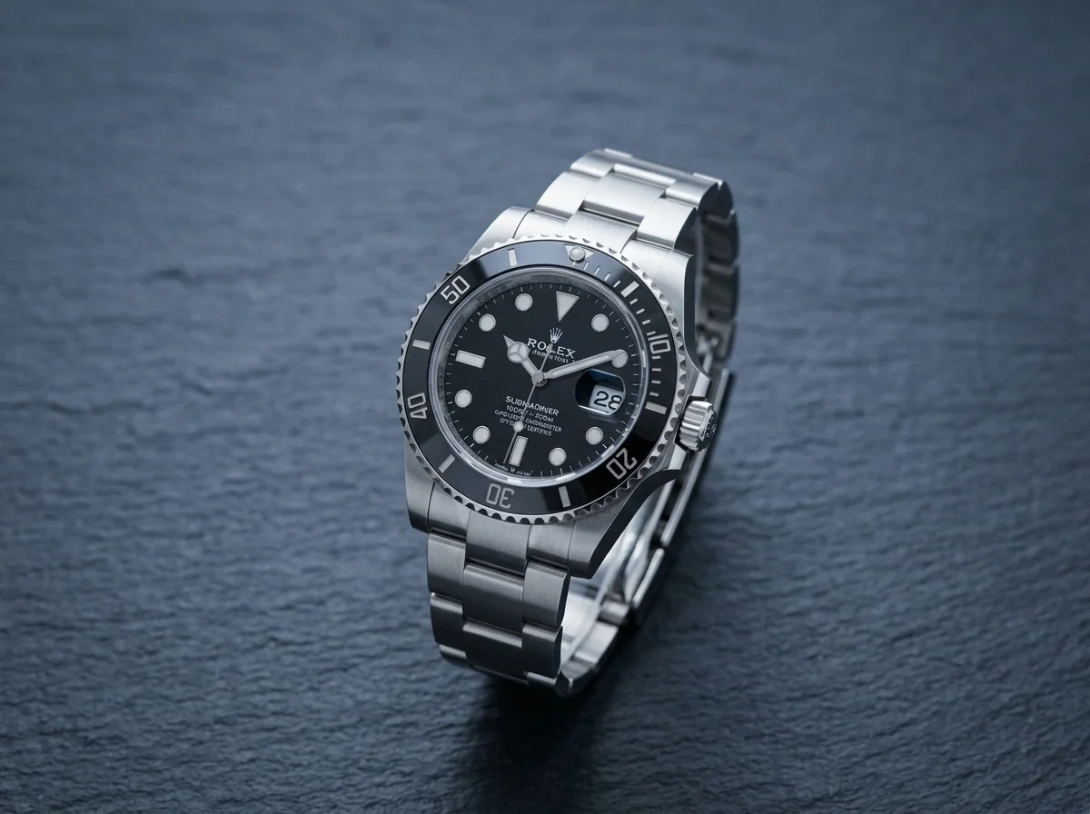 Rolex Submariner in steel with a black dial and black ceramic bezel, a Superlative Chronometer, on dark slate