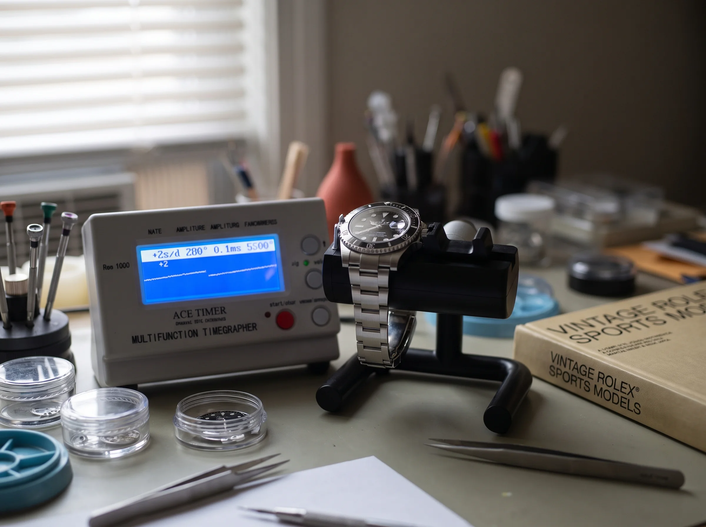 A Rolex Submariner resting on a professional timegrapher timing machine showing a rate trace on its blue screen