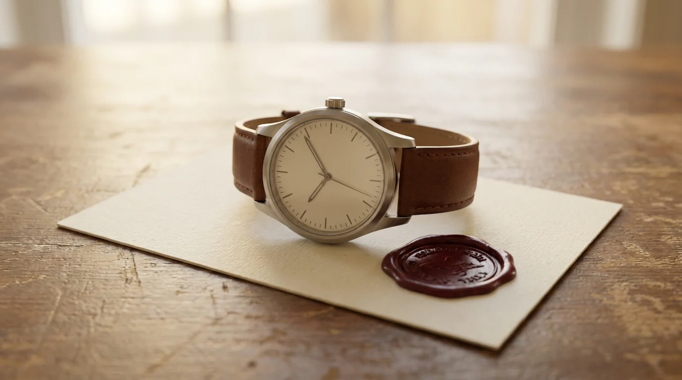 Steel wristwatch resting on a certification card with a wax seal