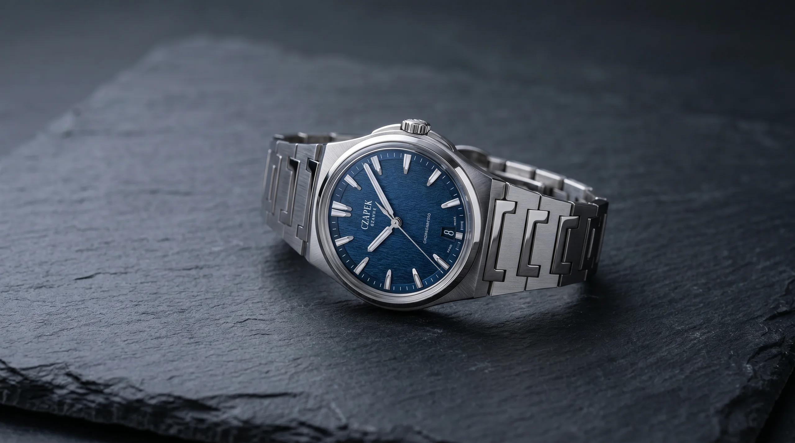 Czapek Antarctique in steel with a blue textured dial and integrated bracelet on dark slate