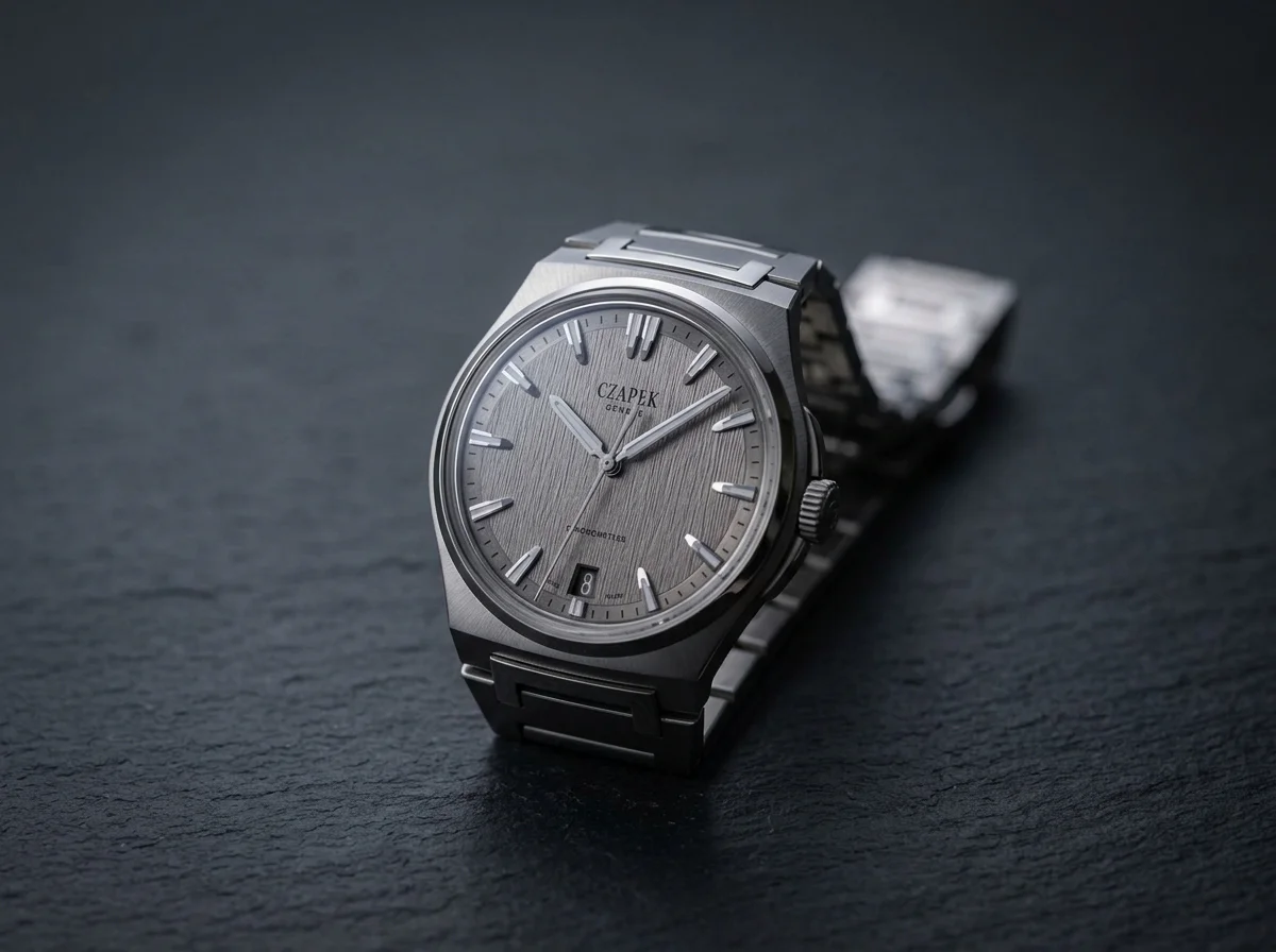 Close view of a Czapek Antarctique textured dial with fine hand-crafted parallel lines