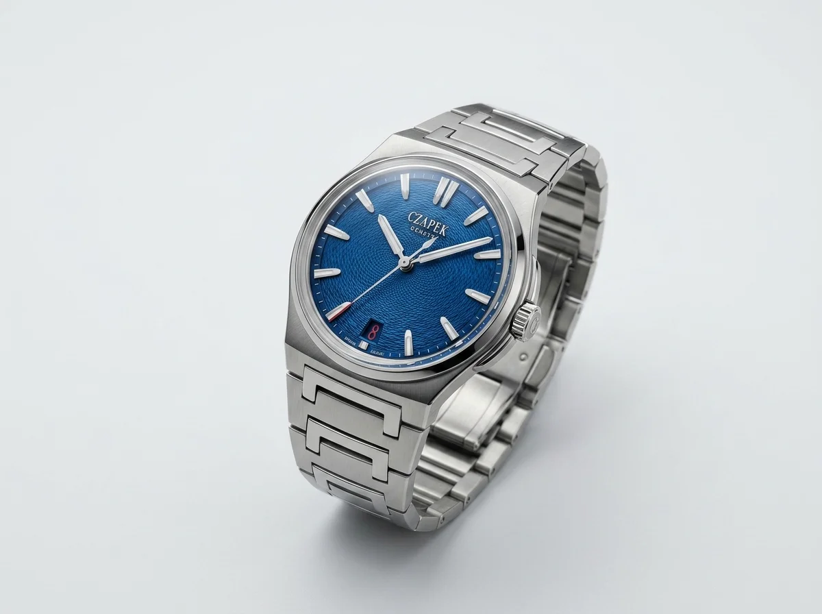 Czapek Antarctique in steel, three-quarter studio view showing the barrel case and C-link bracelet