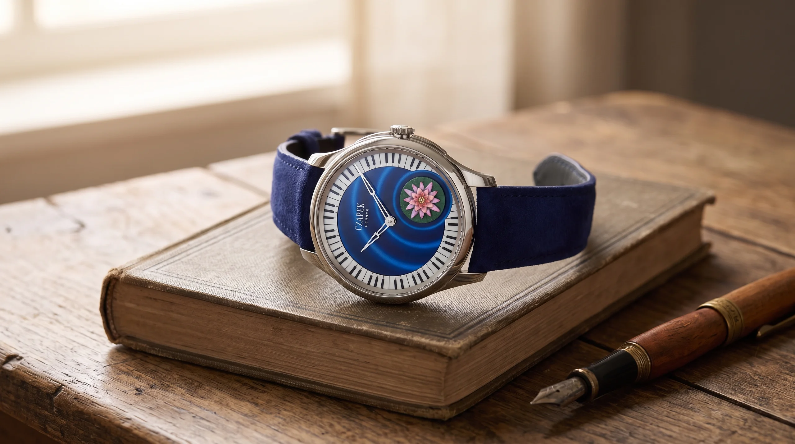 Czapek Promenade L'Ecume des Jours resting on a hardcover book beside a fountain pen
