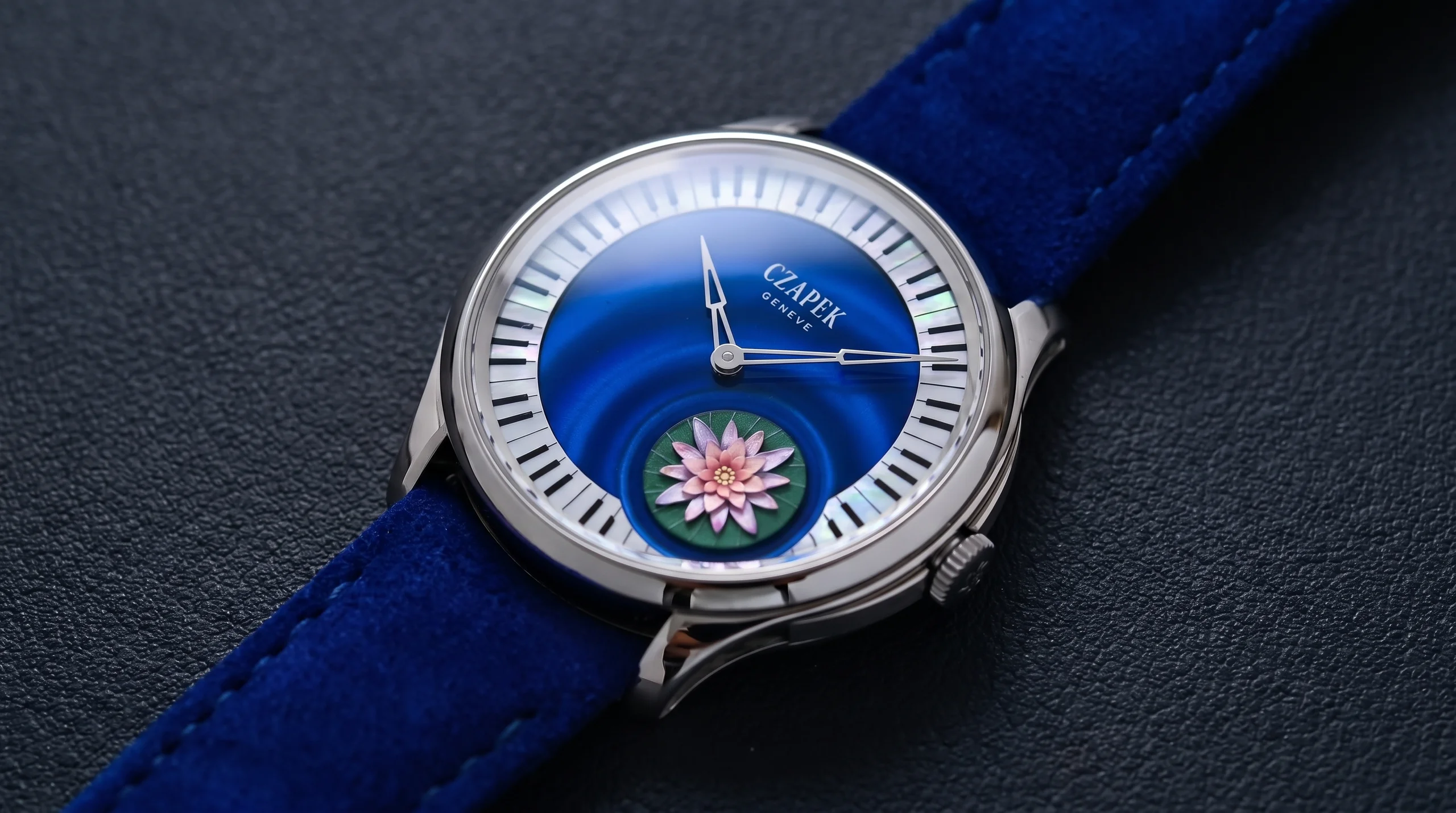Czapek Promenade L'Ecume des Jours with blue Grand Feu enamel dial and mother-of-pearl piano-key flange