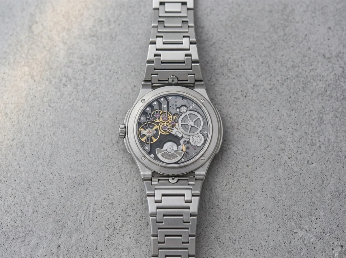 Czapek in-house calibre SXH5 movement with a platinum micro-rotor viewed through the caseback, bracelet lying flat