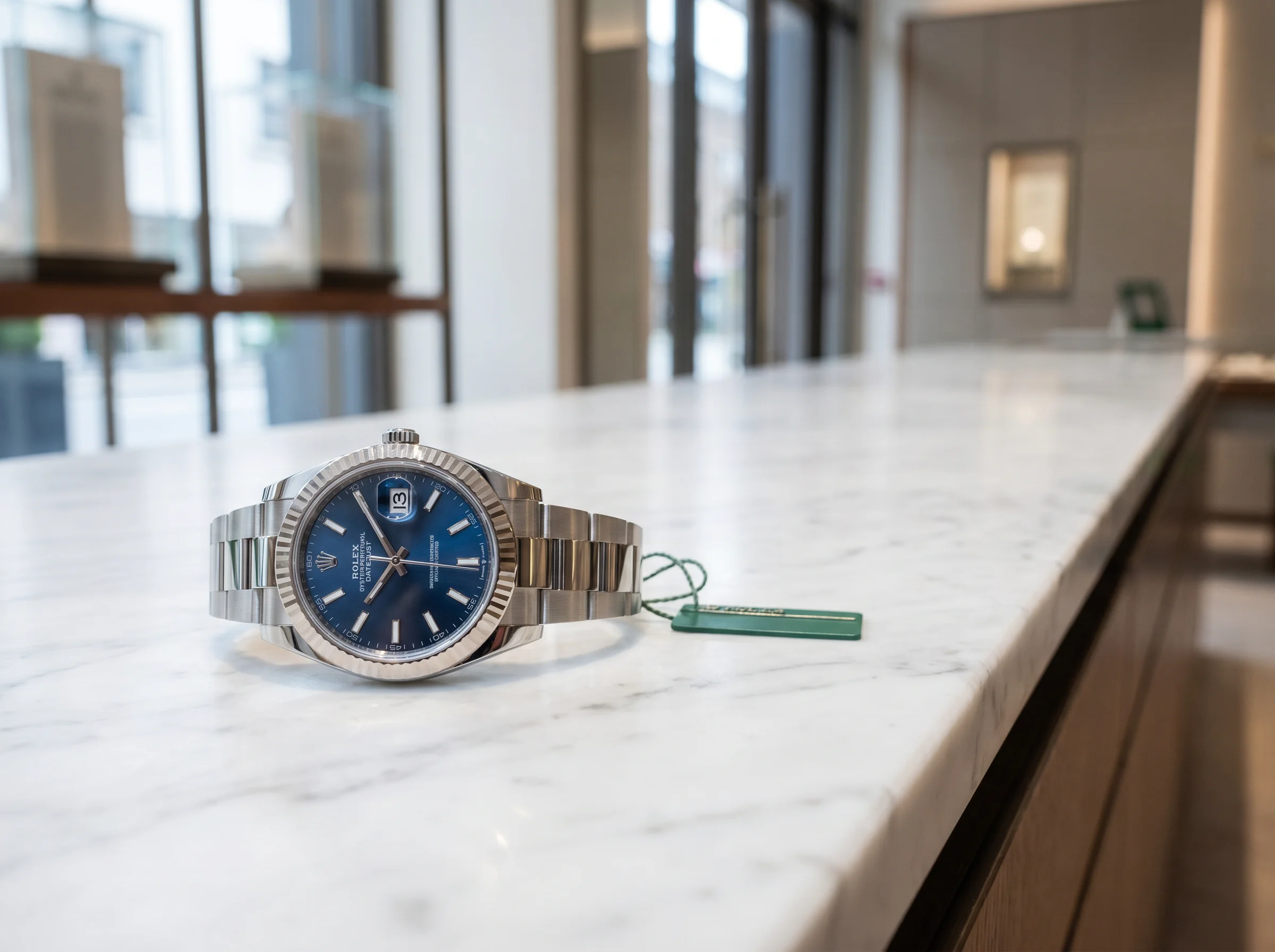 Rolex Datejust 41 126334 with blue dial on a marble retail counter beside a small green tag on a cord