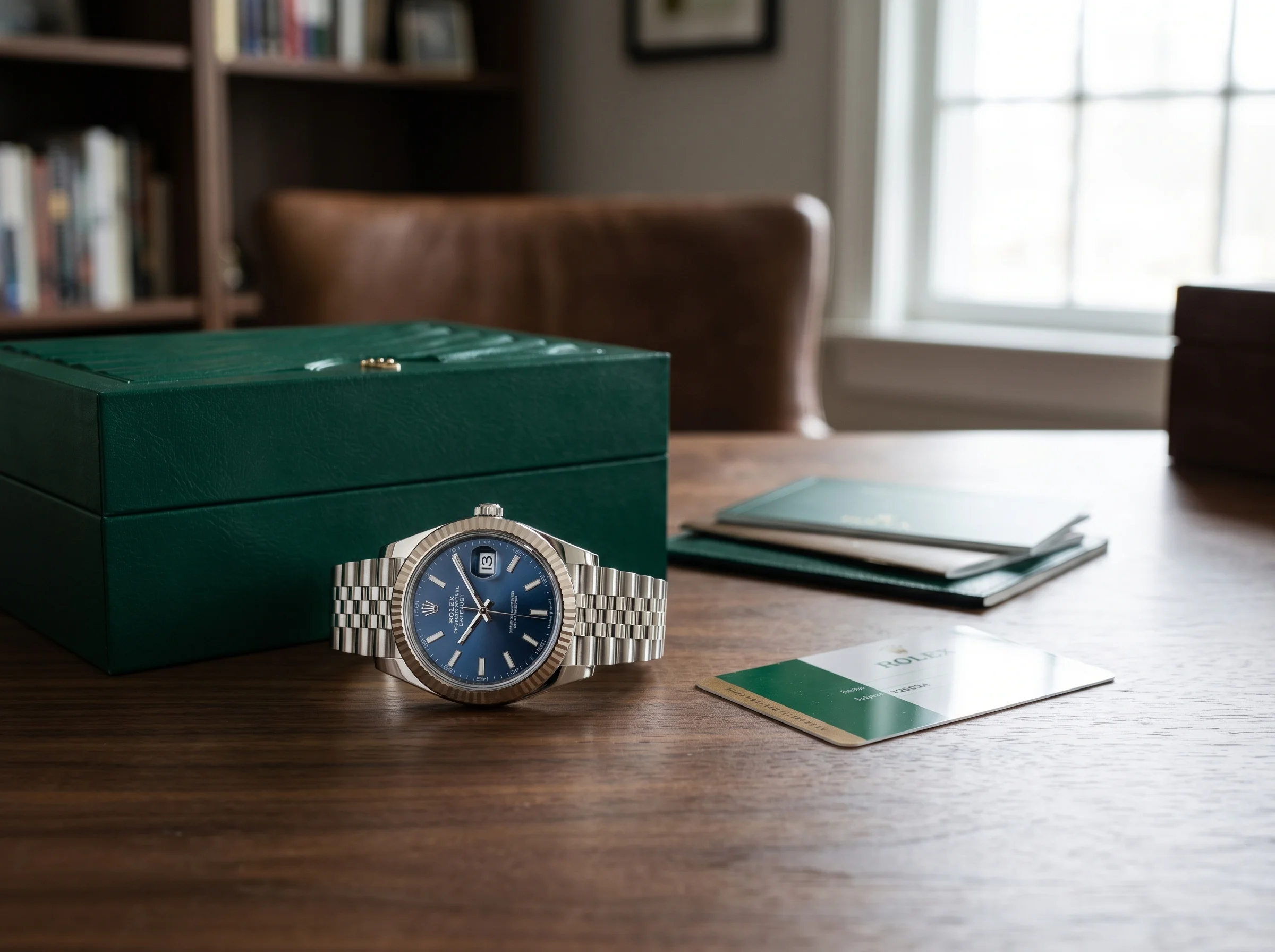 Rolex Datejust 41 126334 resting beside a green Rolex presentation box and booklets on a desk