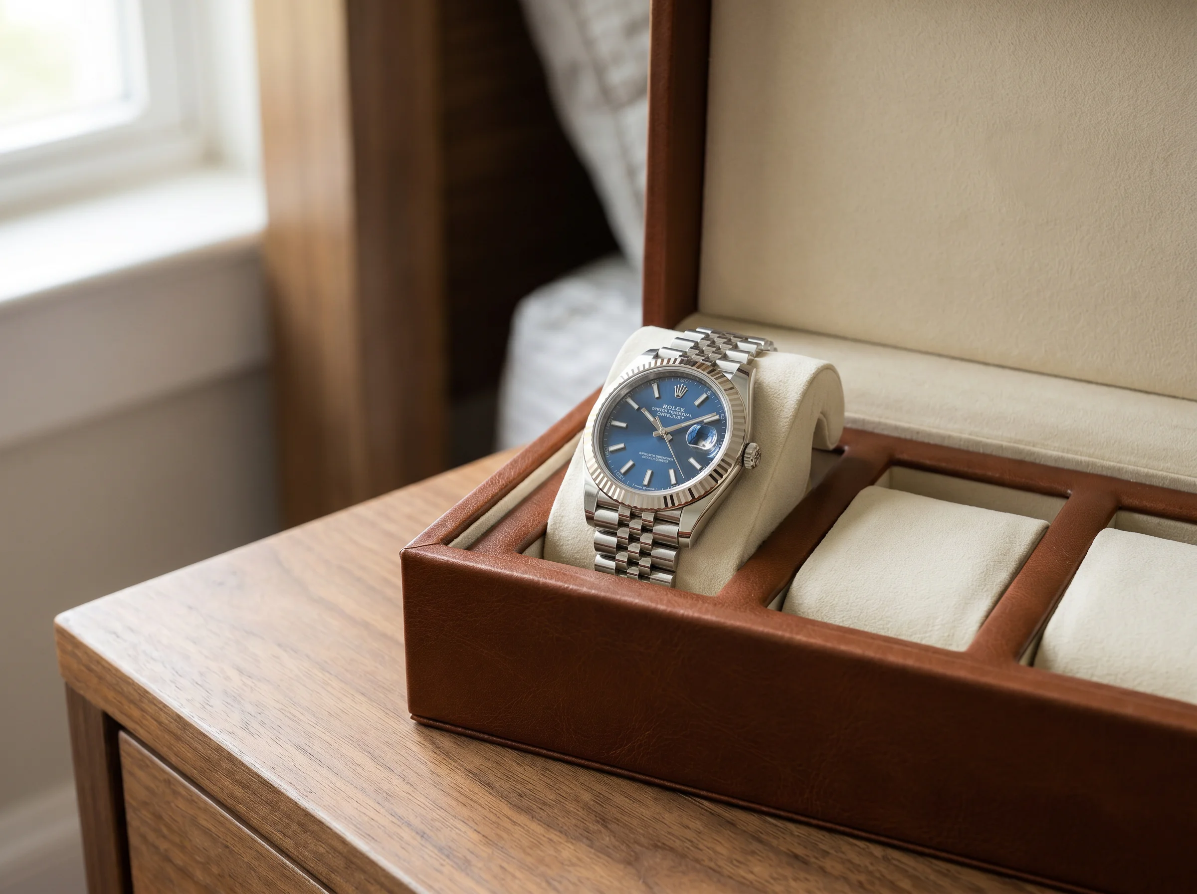 Rolex Datejust 41 126334 with blue dial coiled in an open leather watch box on a dresser
