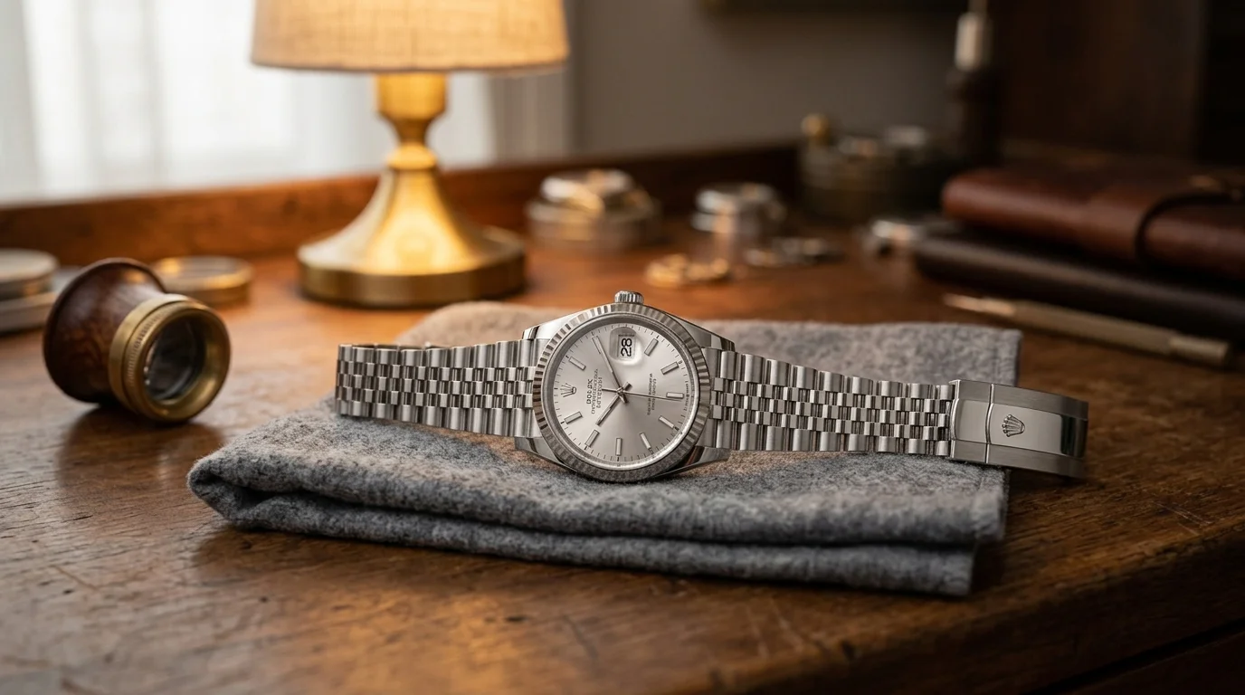 Steel Rolex Datejust with silver dial on a watchmaker's bench beside a loupe, evaluating before purchase