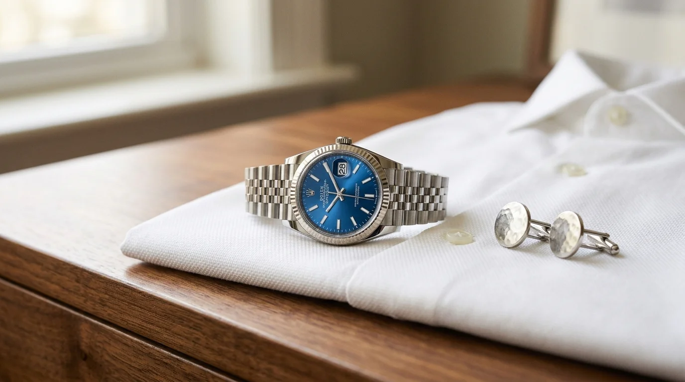 Steel Rolex Datejust with blue dial on a folded dress shirt beside cufflinks, everyday elegance