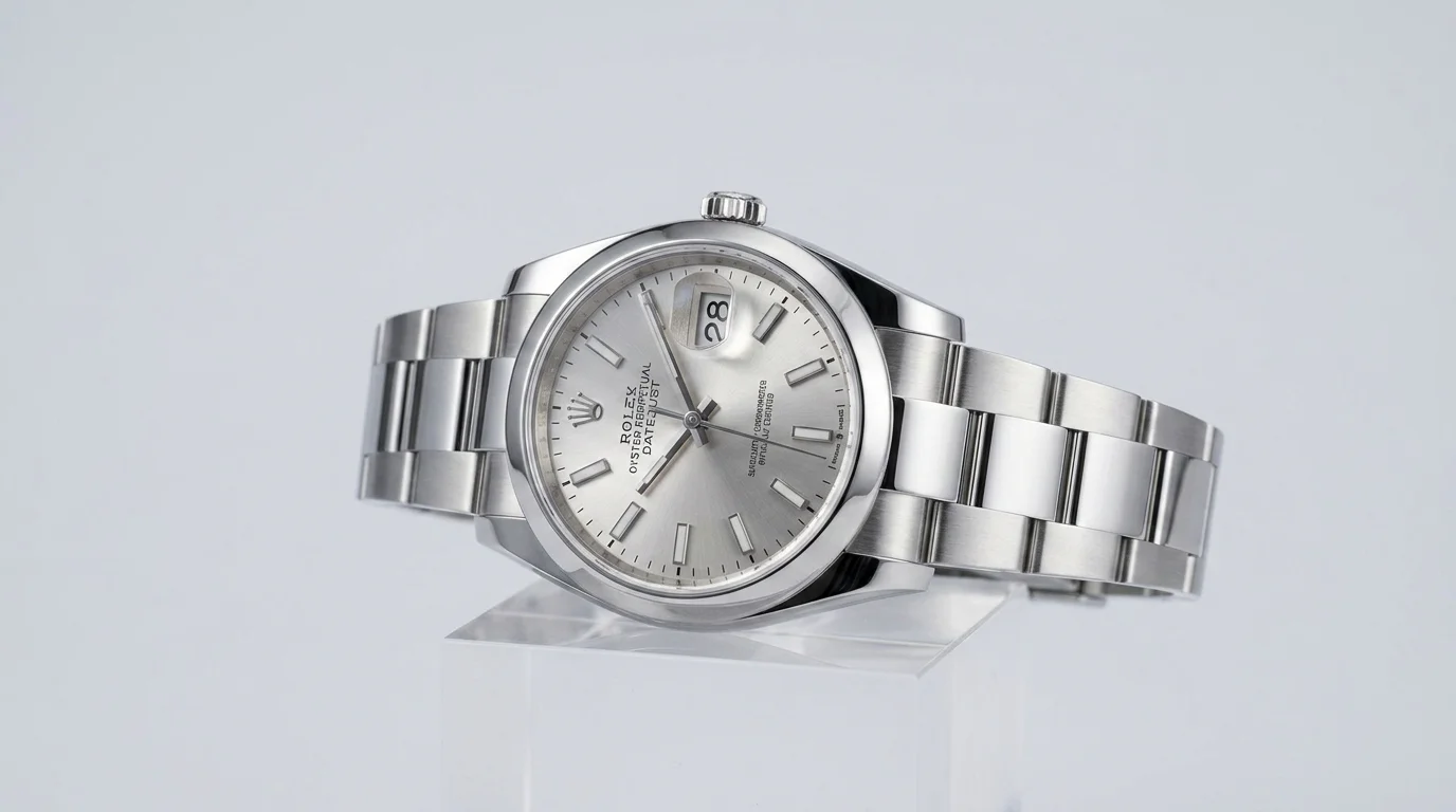 Steel Rolex Datejust with silver dial, smooth bezel and Oyster bracelet, three-quarter studio view