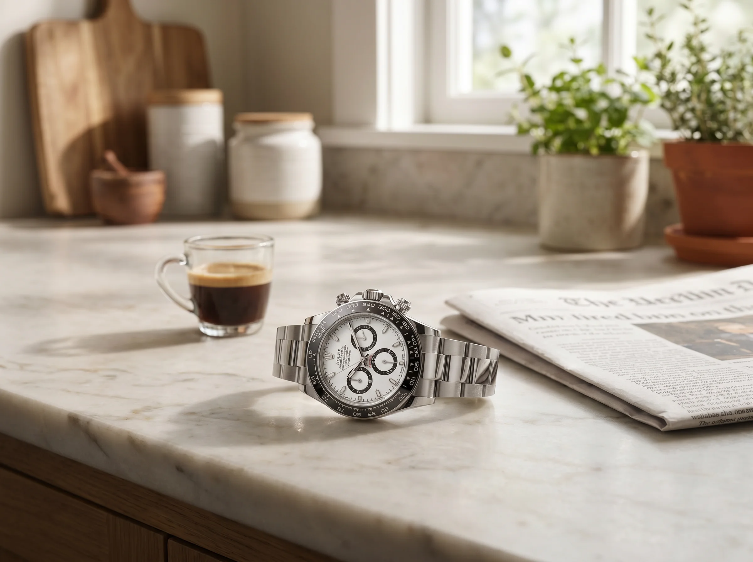 Rolex Cosmograph Daytona 126500LN with white panda dial and black subdials on a marble countertop beside an espresso cup